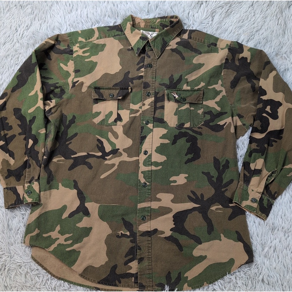 Vintage Duck Bay Shirt Mens XL Green Camo Hunting Chest Pockets Button Up